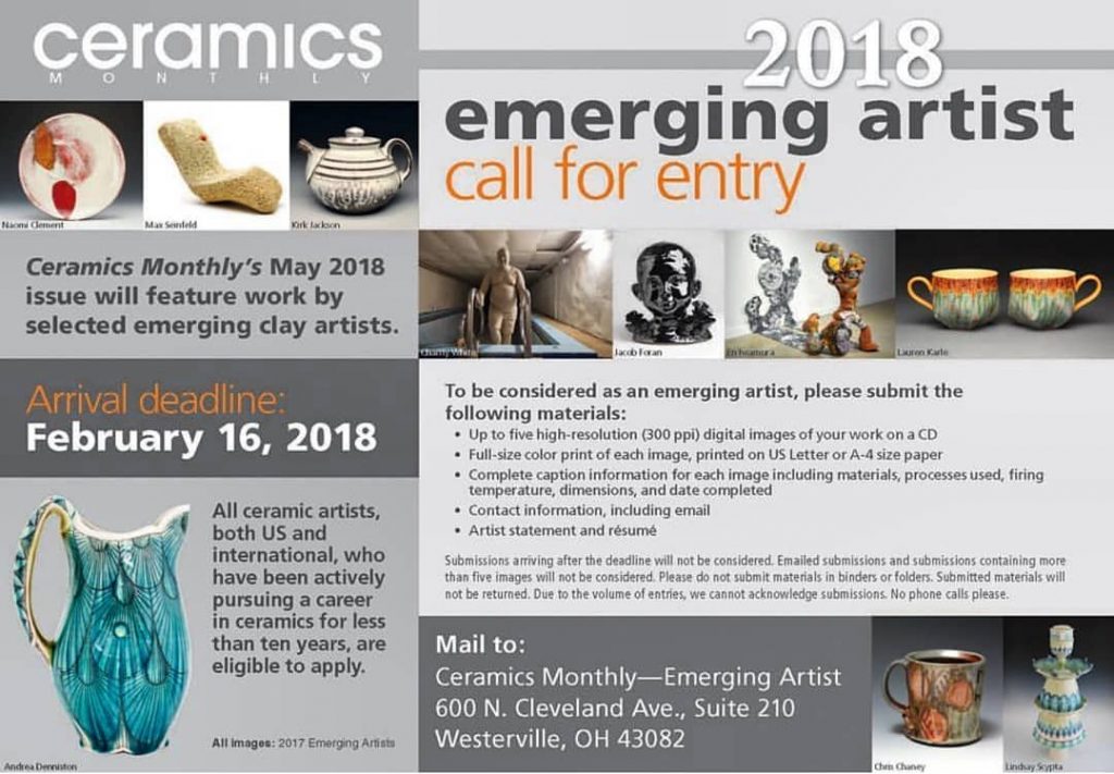 call for entry Ceramics Monthly Emerging Artist Musing About Mud